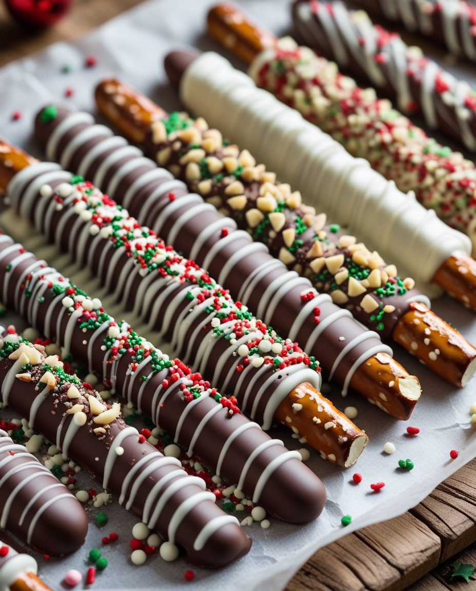 Chocolate covered pretzel rods with white chocolate drizzle and colorful sprinkles